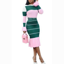 Autumn Ladies Latest Ruffle Plus Size Office Dress Long Sleeve Stripe Elegant Career Dress Designs